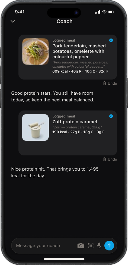 Kexo chat — log food by texting, photos, or voice