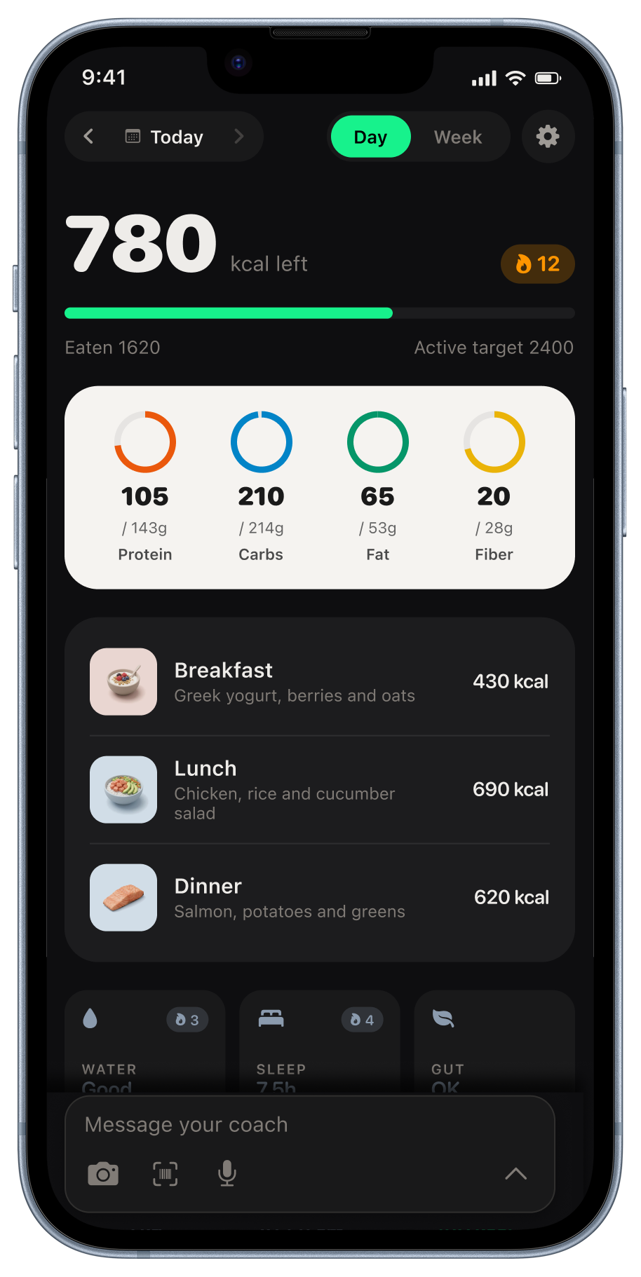 Kexo Day view: 780 kcal left, four macro rings, and today's meals