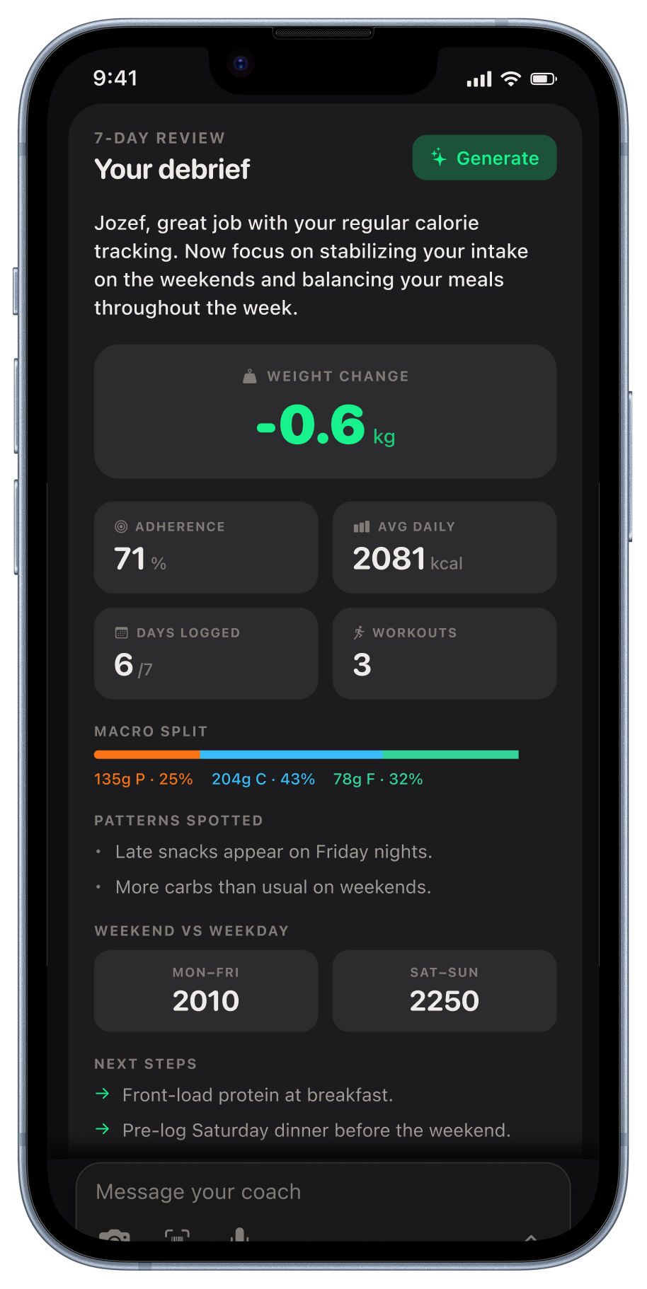 Kexo weekly report debrief with weight change, adherence, and next steps